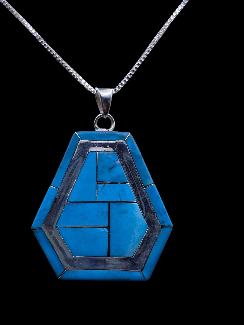 Turquoise Inlay Geometric Pendant Necklace - Blue